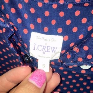 J. Crew size small “The Perfect Shirt” navy with coral polka dots